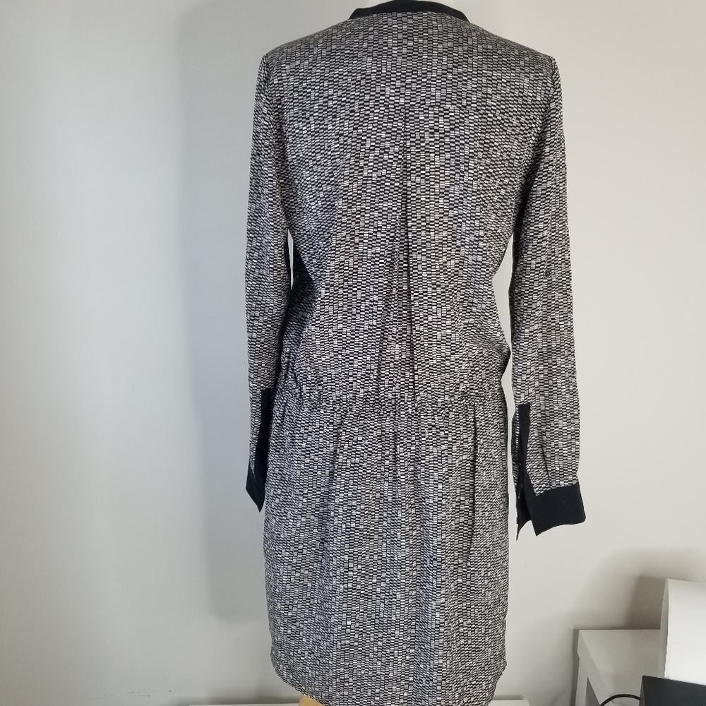 VINCE Drawstring 100% Silk Grid-Print Gray Dress Roll Tab Sleeves Size S - Picture 6 of 16